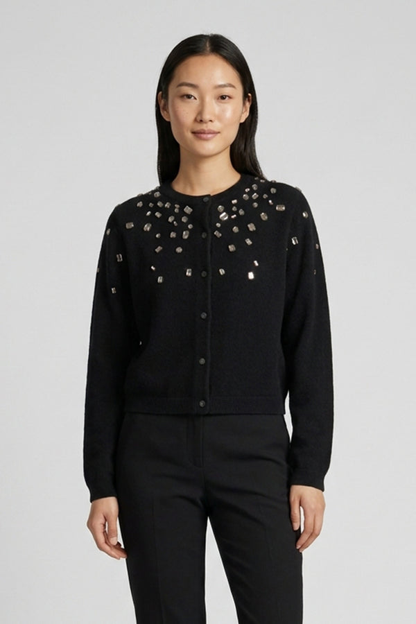 Black Pure Cashmere Crew Neck Mini Cardigan with Rhinestones