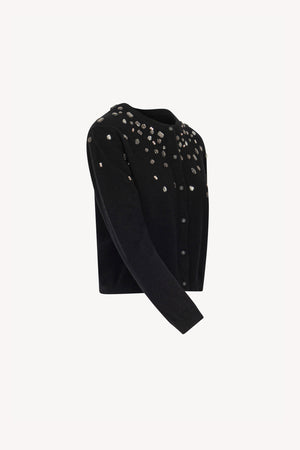 Black Pure Cashmere Crew Neck Mini Cardigan with Rhinestones
