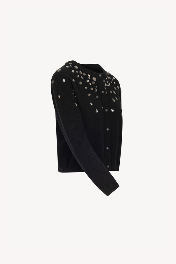 Black Pure Cashmere Crew Neck Mini Cardigan with Rhinestones