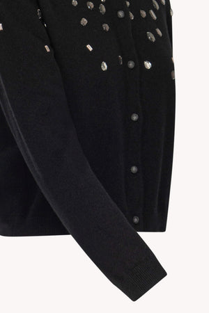 Black Pure Cashmere Crew Neck Mini Cardigan with Rhinestones