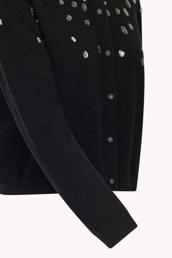 Black Pure Cashmere Crew Neck Mini Cardigan with Rhinestones