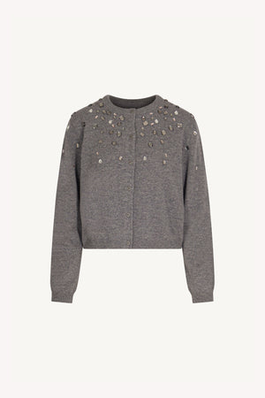 Medium Grey Pure Cashmere Crew Neck Mini Cardigan with Rhinestones