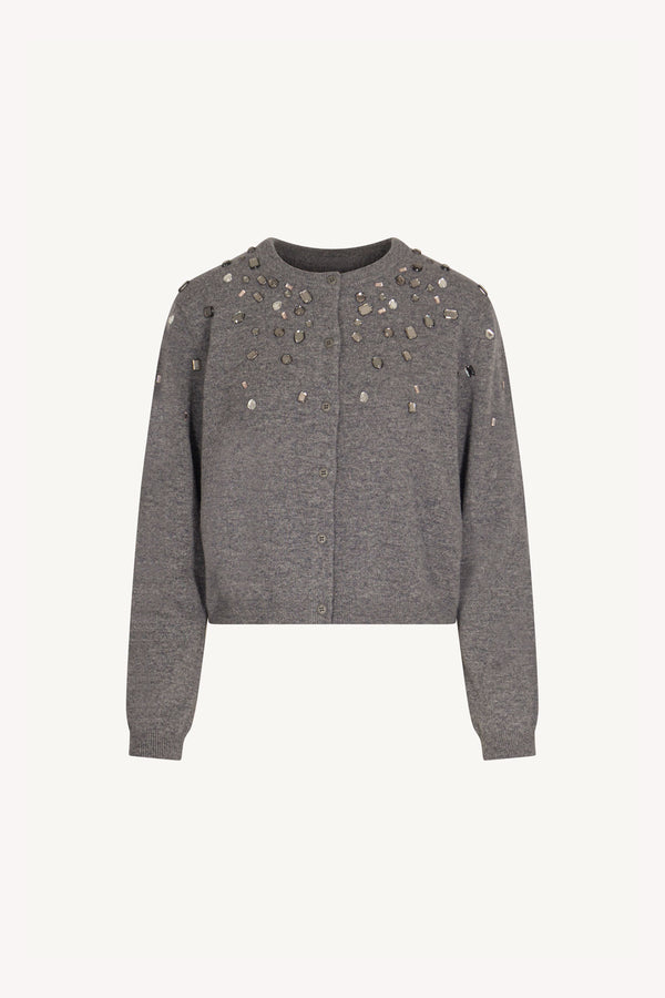 Medium Grey Pure Cashmere Crew Neck Mini Cardigan with Rhinestones