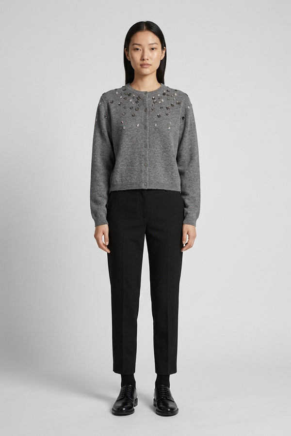 Medium Grey Pure Cashmere Crew Neck Mini Cardigan with Rhinestones