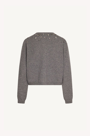 Medium Grey Pure Cashmere Crew Neck Mini Cardigan with Rhinestones