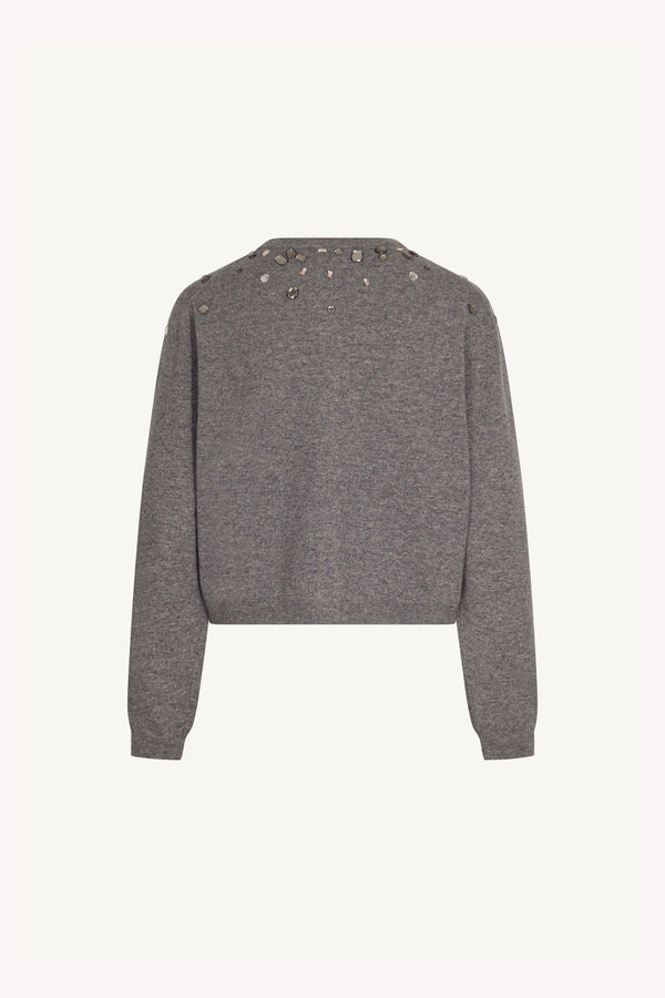 Medium Grey Pure Cashmere Crew Neck Mini Cardigan with Rhinestones