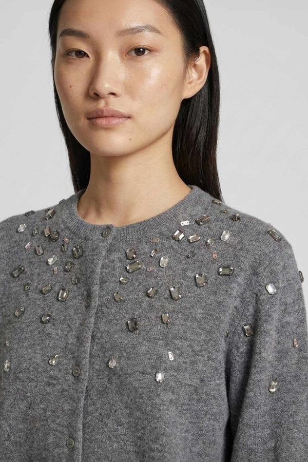 Medium Grey Pure Cashmere Crew Neck Mini Cardigan with Rhinestones