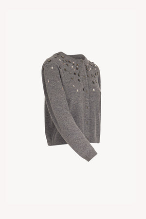 Medium Grey Pure Cashmere Crew Neck Mini Cardigan with Rhinestones