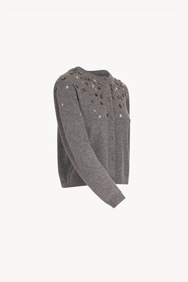 Medium Grey Pure Cashmere Crew Neck Mini Cardigan with Rhinestones