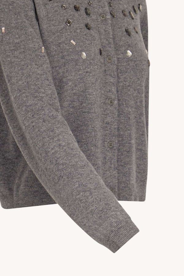Medium Grey Pure Cashmere Crew Neck Mini Cardigan with Rhinestones