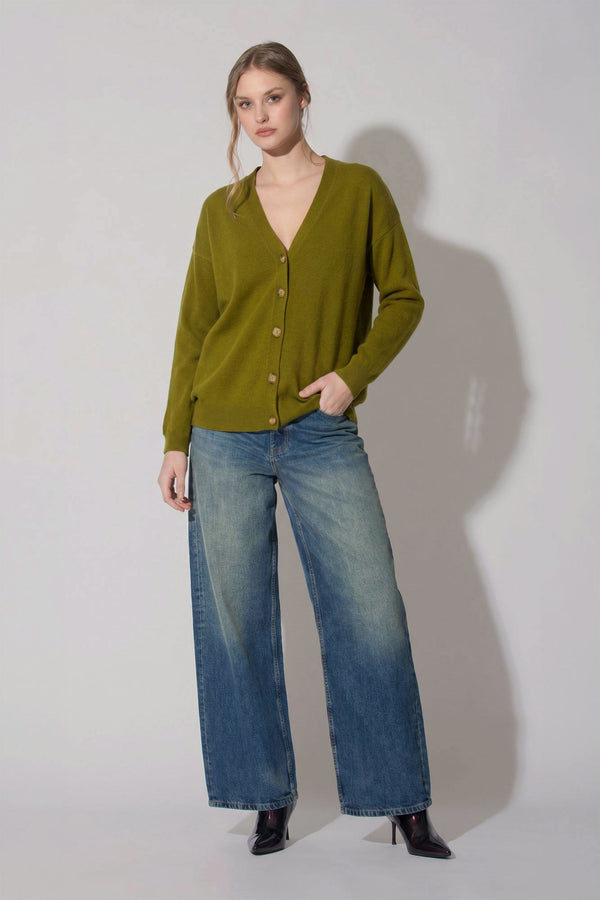 Olive Green Pure Cashmere V-neck Cardigan