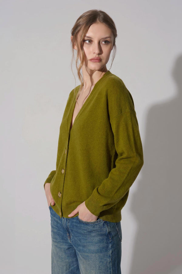 Olive Green Pure Cashmere V-neck Cardigan