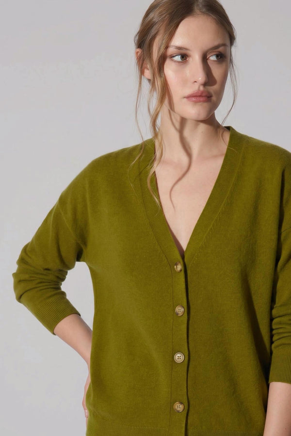 Olive Green Pure Cashmere V-neck Cardigan