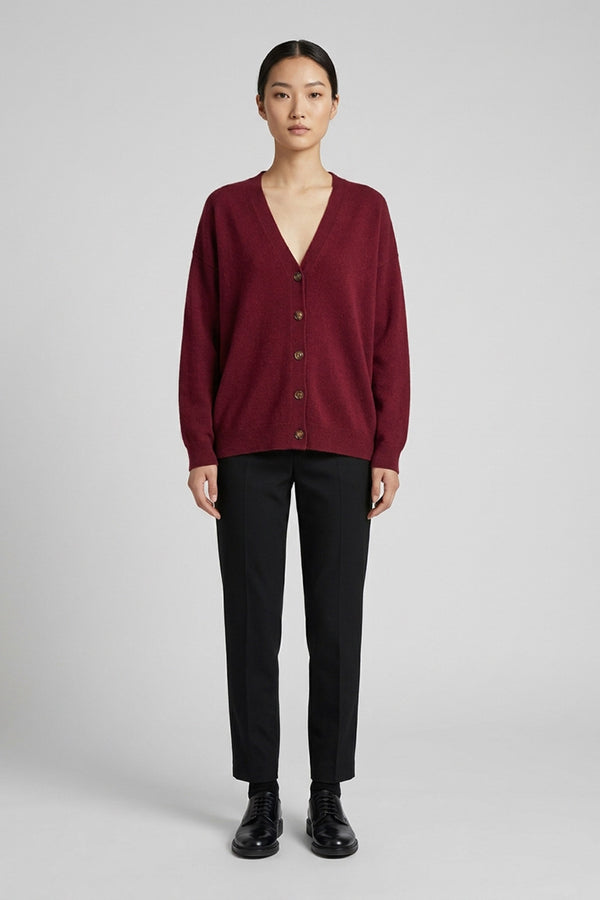 Dark Red Pure Cashmere V-neck Cardigan