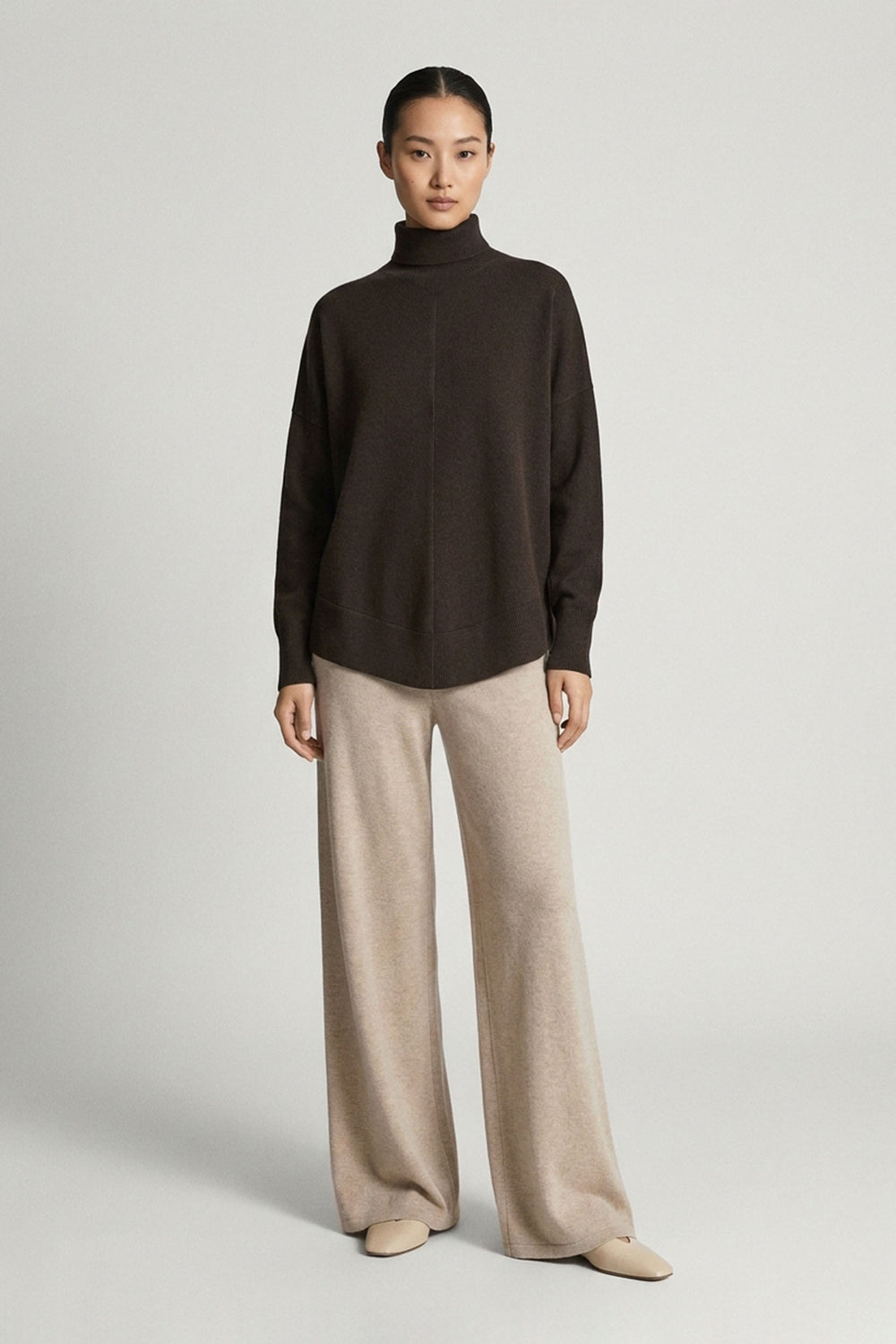 Mocha Pure Cashmere Flared Mock Neck