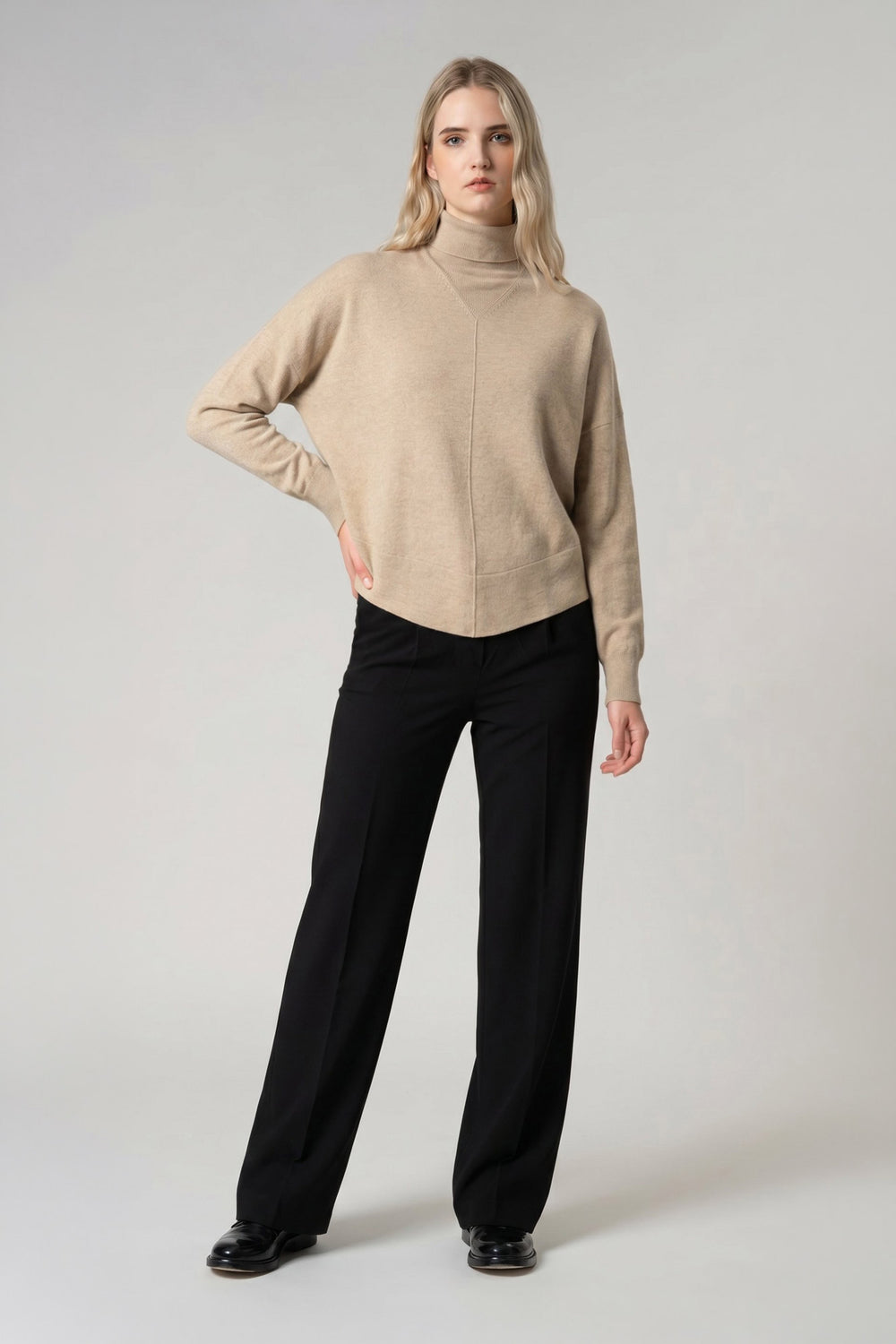 Beige Pure Cashmere Flared Mock Neck