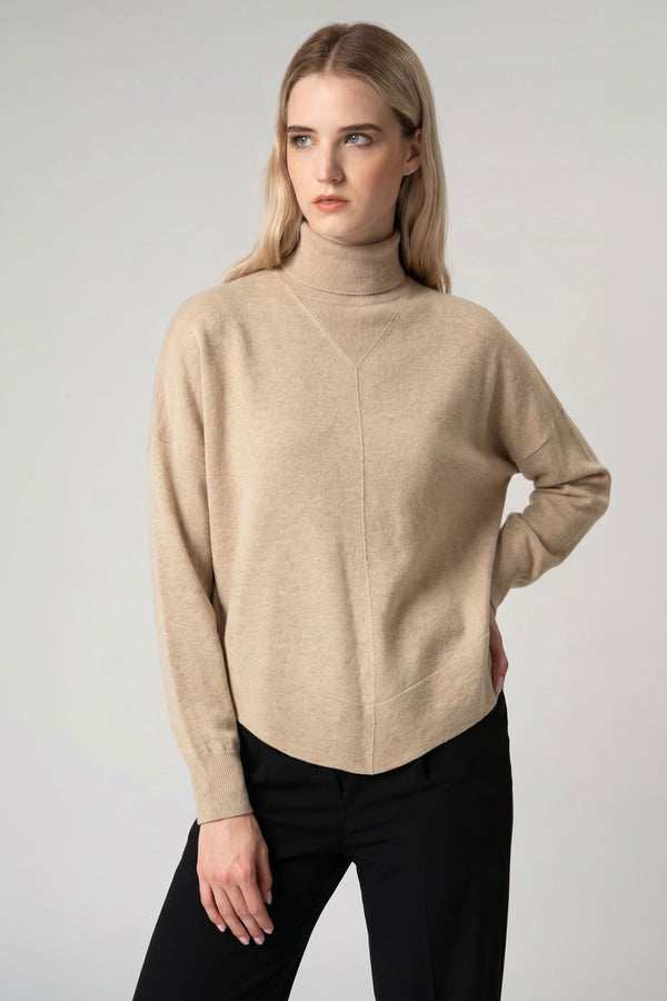 Beige Pure Cashmere Flared Mock Neck