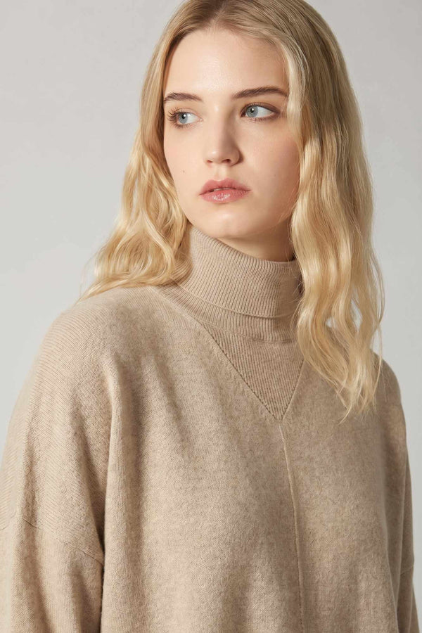 Beige Pure Cashmere Flared Mock Neck