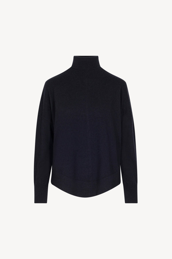 Midnight Blue Pure Cashmere Flared Mock Neck