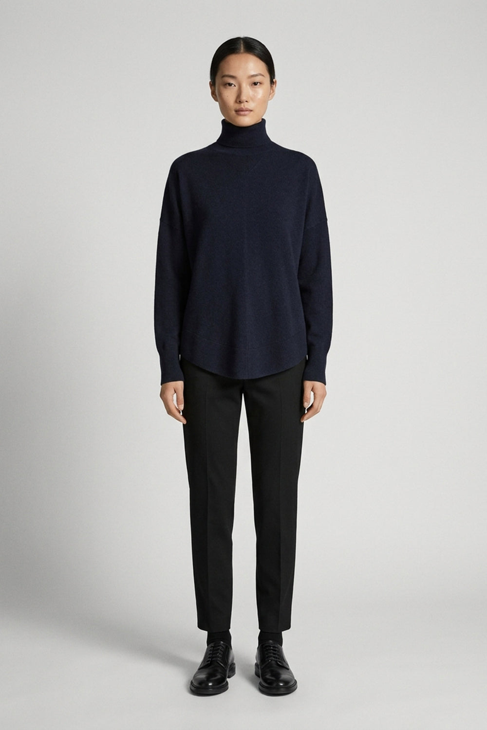 Midnight Blue Pure Cashmere Flared Mock Neck