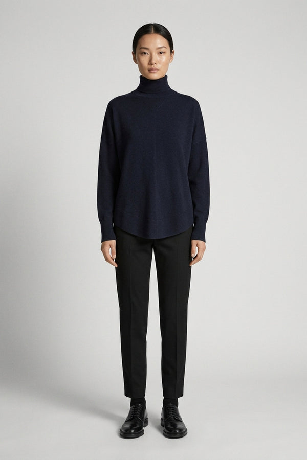 Midnight Blue Pure Cashmere Flared Mock Neck