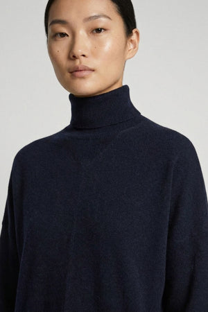 Midnight Blue Pure Cashmere Flared Mock Neck