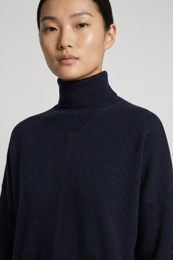 Midnight Blue Pure Cashmere Flared Mock Neck