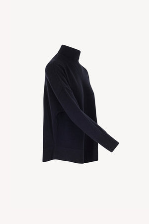 Midnight Blue Pure Cashmere Flared Mock Neck