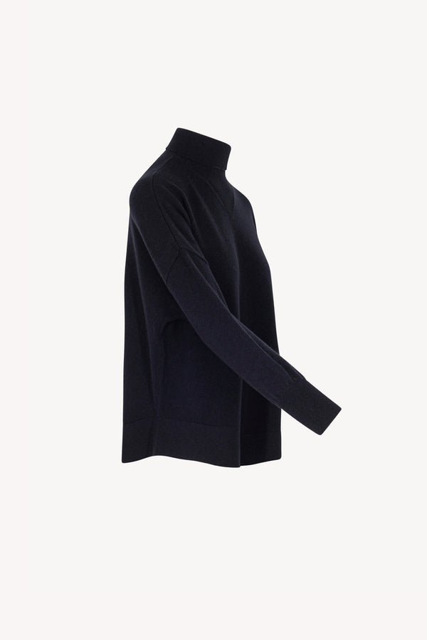 Midnight Blue Pure Cashmere Flared Mock Neck