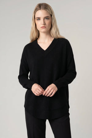 Maglia Scollo a V Svasata in Puro Cashmere Nero