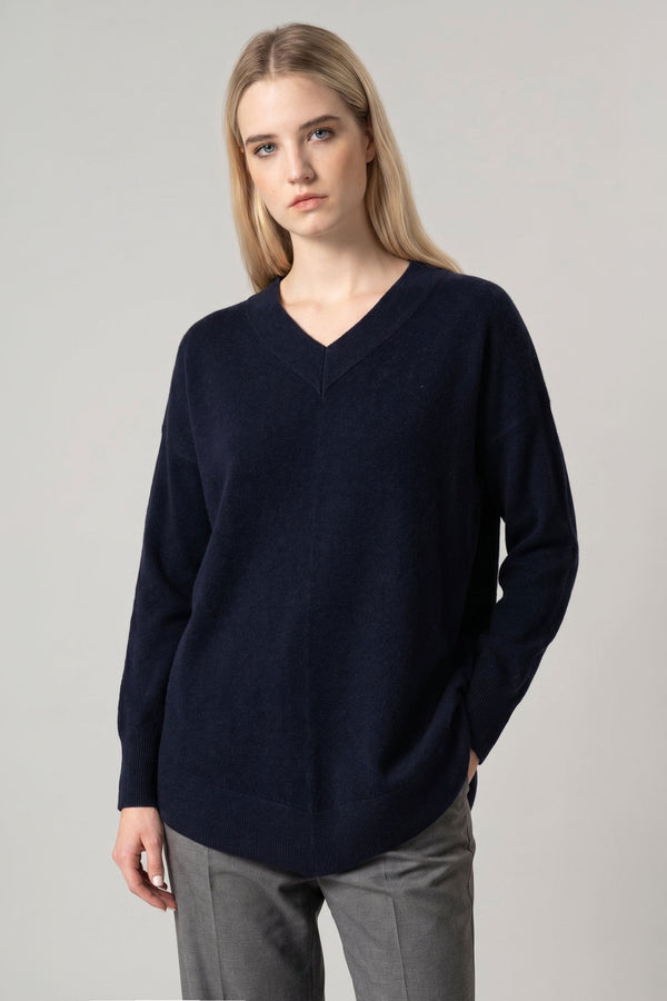 Maglia Scollo a V Svasata in Puro Cashmere Notte