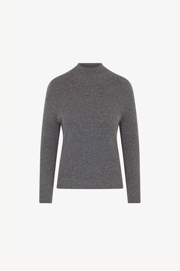 Medium Grey Pure Cashmere Ribbed Mock Neck