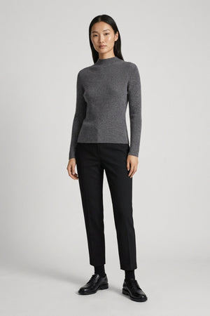 Medium Grey Pure Cashmere Ribbed Mock Neck