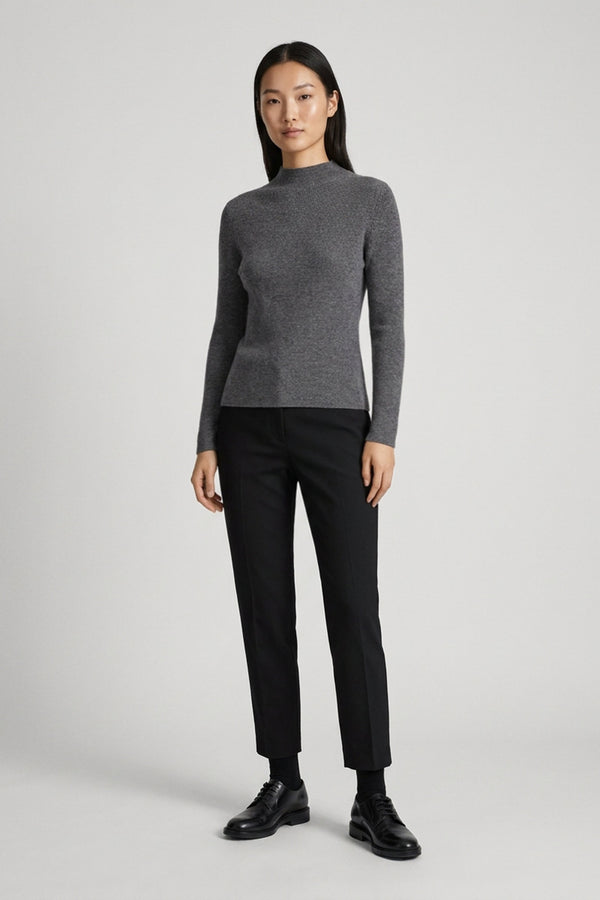 Medium Grey Pure Cashmere Ribbed Mock Neck
