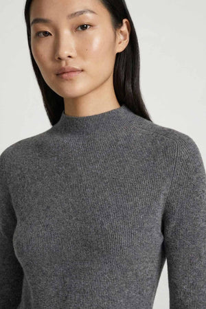 Medium Grey Pure Cashmere Ribbed Mock Neck