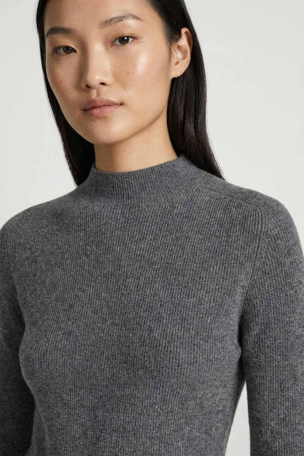 Medium Grey Pure Cashmere Ribbed Mock Neck
