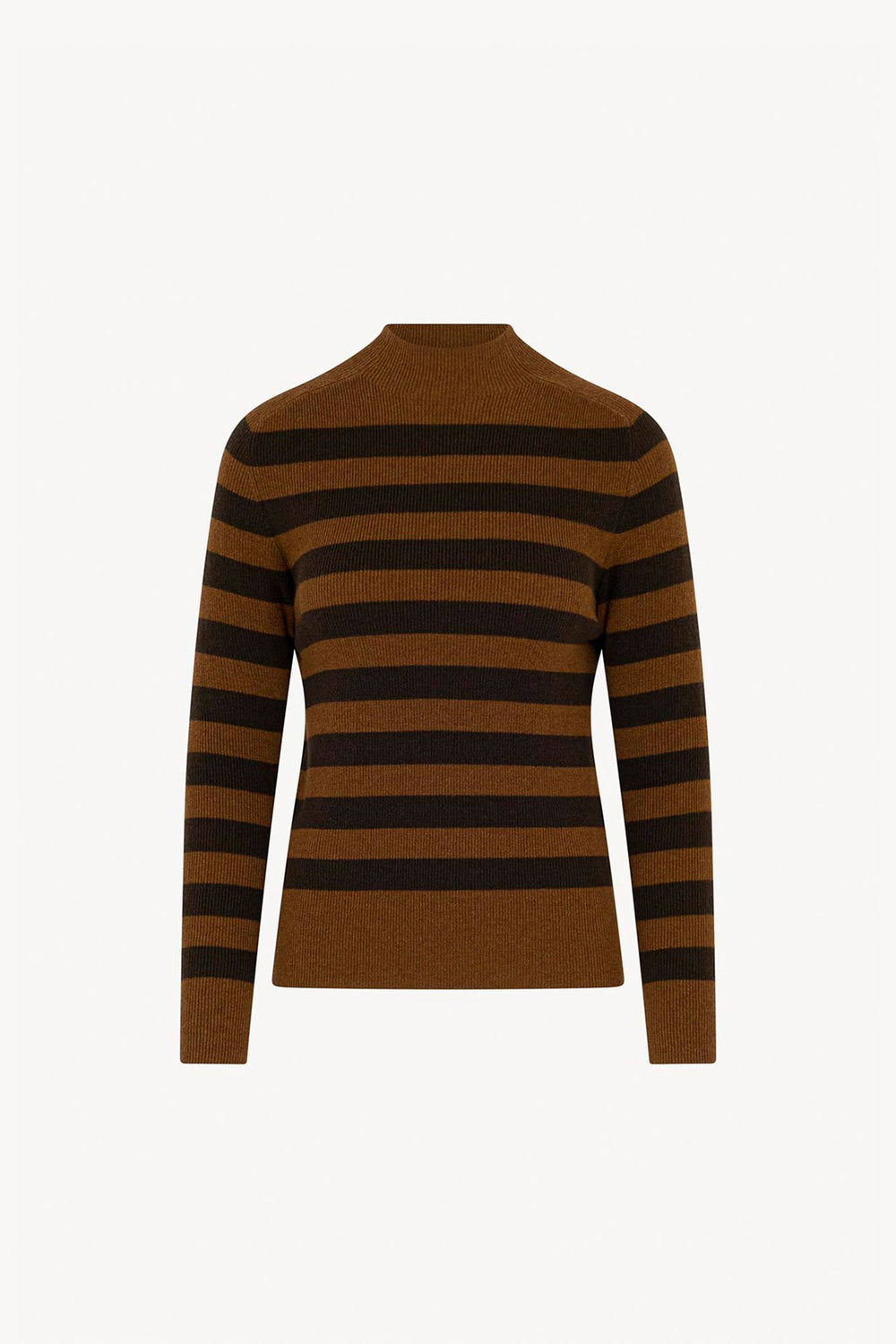 Terracotta-Mocha Pure Cashmere Striped Ribbed Mock Neck