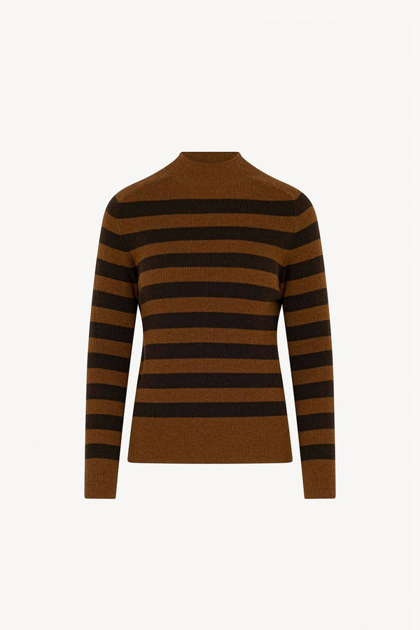 Maglia Lupetto a Costine a Righe in Puro Cashmere Terracotta-Mocha