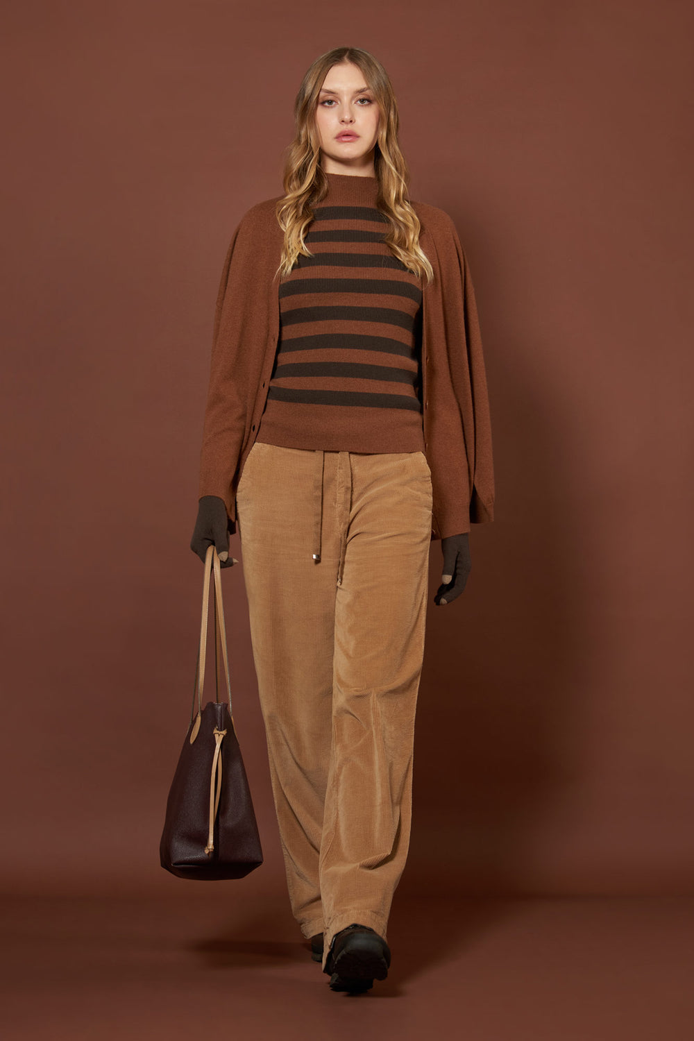 Terracotta-Mocha Pure Cashmere Striped Ribbed Mock Neck