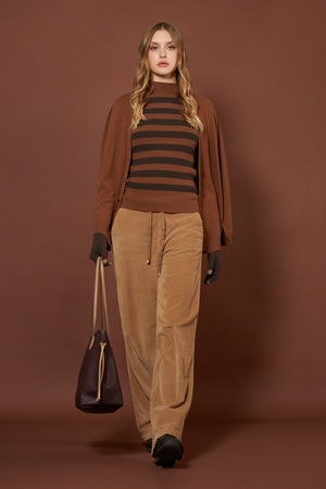 Maglia Lupetto a Costine a Righe in Puro Cashmere Terracotta-Mocha