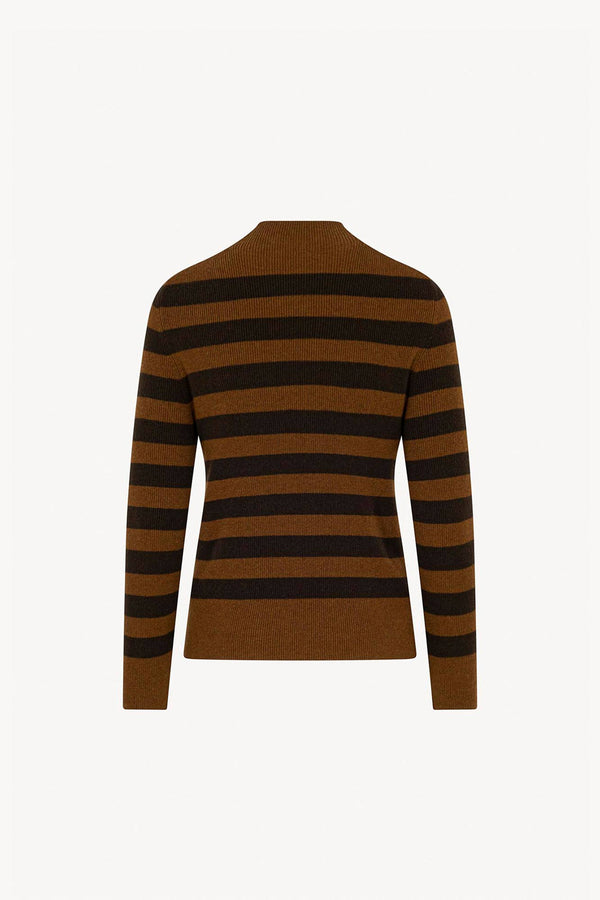 Maglia Lupetto a Costine a Righe in Puro Cashmere Terracotta-Mocha