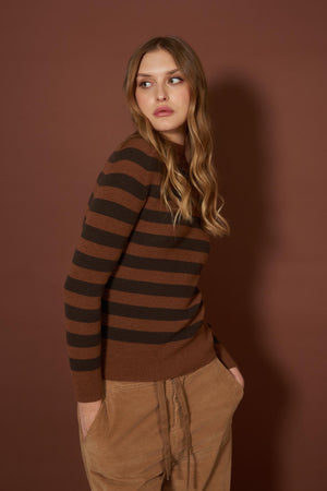 Maglia Lupetto a Costine a Righe in Puro Cashmere Terracotta-Mocha