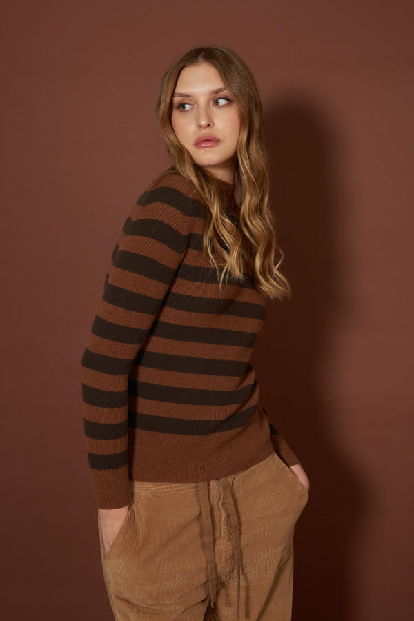 Maglia Lupetto a Costine a Righe in Puro Cashmere Terracotta-Mocha