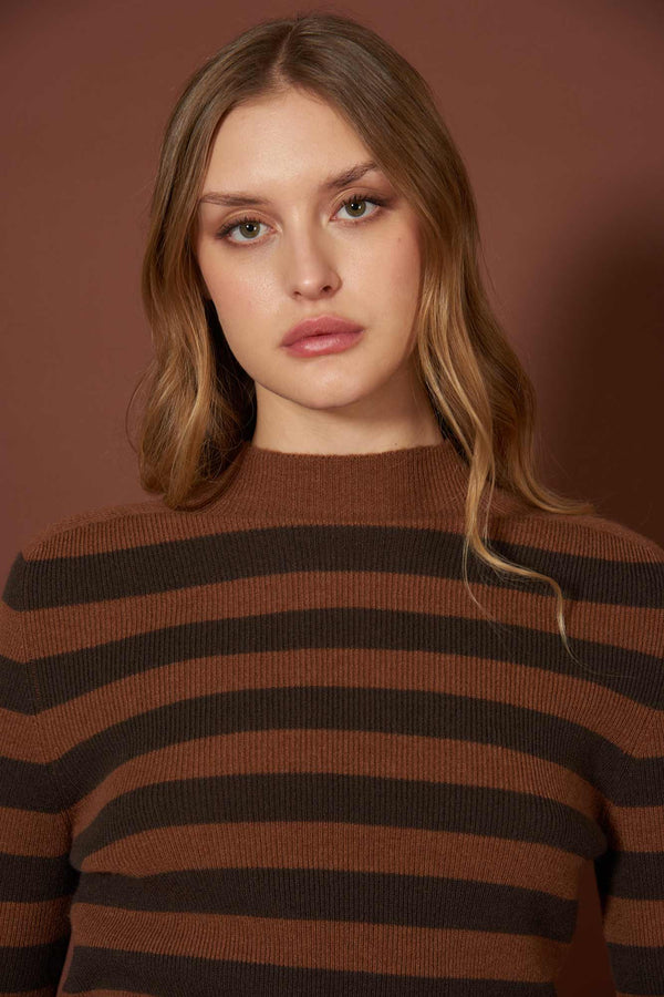 Maglia Lupetto a Costine a Righe in Puro Cashmere Terracotta-Mocha