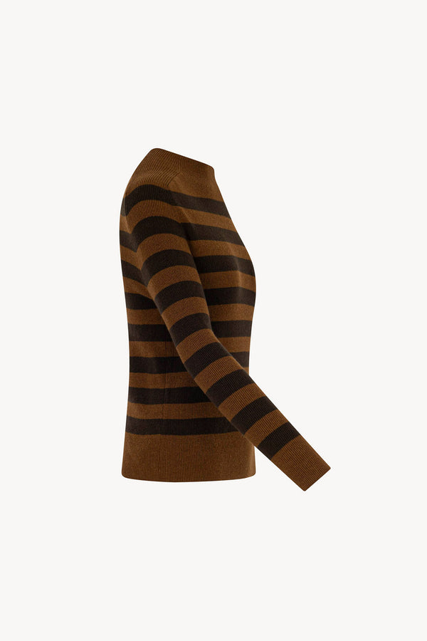 Maglia Lupetto a Costine a Righe in Puro Cashmere Terracotta-Mocha