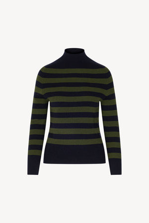 Midnight Blue-Dark Green Pure Cashmere Striped Ribbed Mock Neck