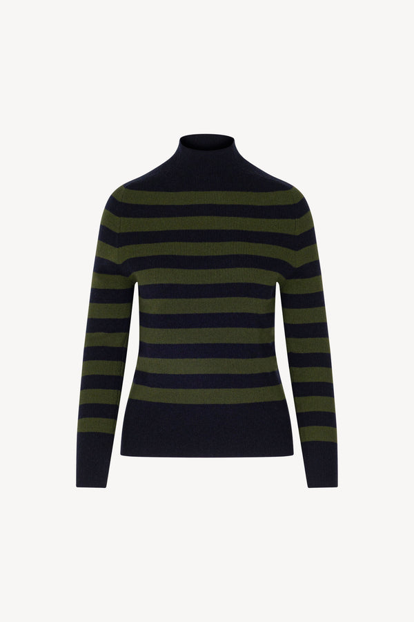 Midnight Blue-Dark Green Pure Cashmere Striped Ribbed Mock Neck