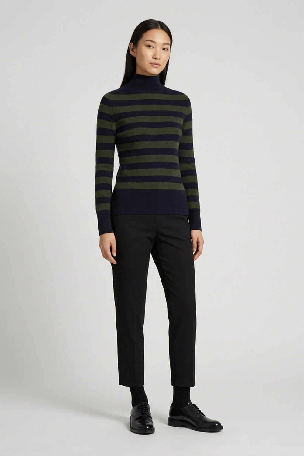 Midnight Blue-Dark Green Pure Cashmere Striped Ribbed Mock Neck