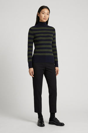 Midnight Blue-Dark Green Pure Cashmere Striped Ribbed Mock Neck