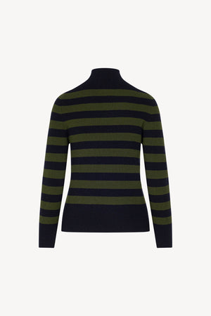 Midnight Blue-Dark Green Pure Cashmere Striped Ribbed Mock Neck